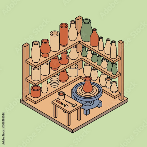 Isometric illustration of a pottery studio with shelves, tools, and a pottery wheel.