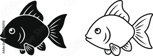 Goldfish Silhouette and Outline Vector Icon Set Vector