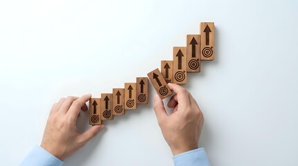 Businessman hands arranging wooden blocks with target icons in ascending steps, representing goal achievement and business growth strategy concept.
