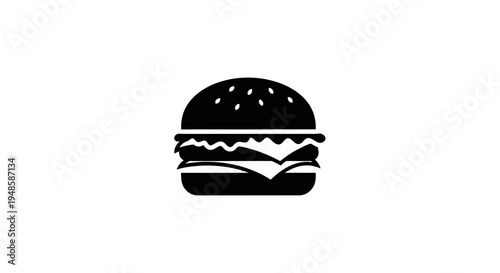 Black and White Icon of a Delicious Hamburger with Sesame Seeds on a White Background