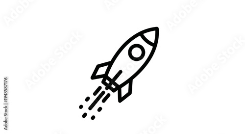 Black and white line art icon of a rocket launching into space with exhaust flames