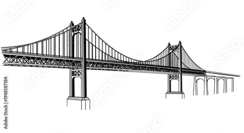 Black and White Sketch of a Large Suspension Bridge with Towers and Cables