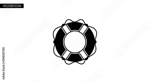 Black and white vector icon of a lifebuoy, safety equipment for swimming and water rescue.