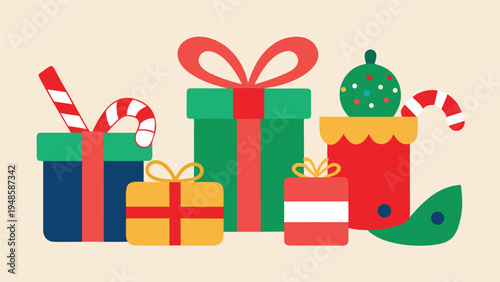 Colorful flat vector illustration showcasing five decorated Christmas gift boxes, a festive red stocking with an ornament, and two candy canes.