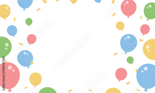 カラフルな風船と紙吹雪が舞い飛ぶ楽しいパーティお祝いの背景フレームベクター素材