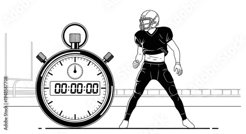 American Football Player Ready to Play Next to Stopwatch on Field