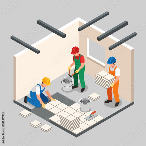 Isometric view of construction workers laying tiles inside a room during renovation.