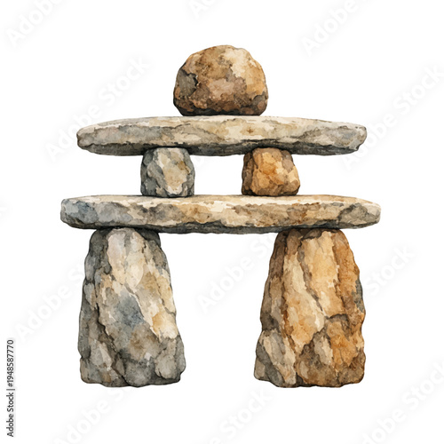 A watercolor vector of an Inukshuk stone structure for indigenous culture designs, Arctic landmark themes, and traditional navigation symbol illustrations.