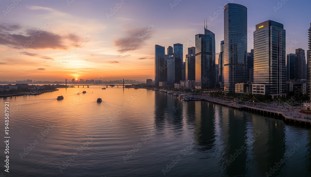 Obraz premium Sunset Over Modern Downtown Skyline Along Calm Water