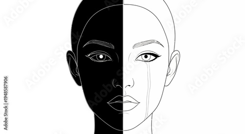 Split Face: Black and White, Sadness and Tears, Contrast, Duality, Emotion