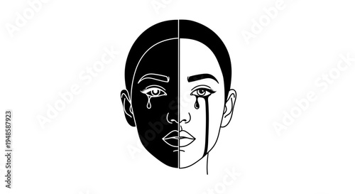 Split Face Black and White Woman Crying Tears of Sadness and Pain