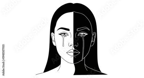 Split Face Woman Crying Black and White Contrast Emotional Duality