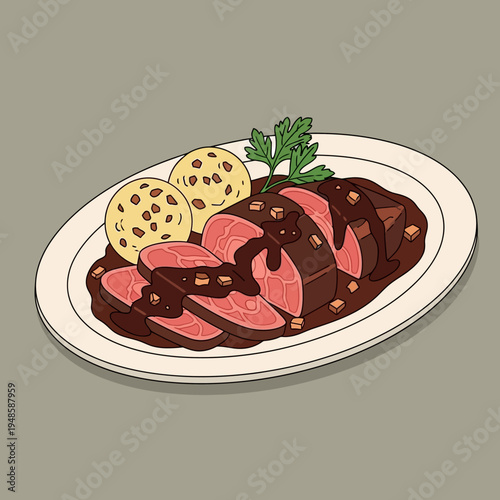 A plate of sliced beef tenderloin with gravy and mashed potatoes.