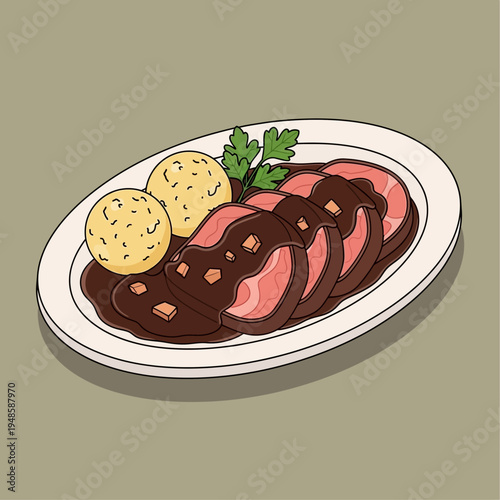 A plate of sliced meat with gravy, dumplings, and parsley garnish.