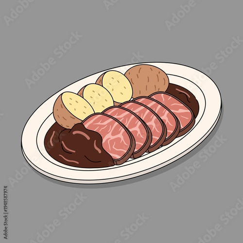 A plate of sliced roast beef with potatoes and gravy, a hearty meal.
