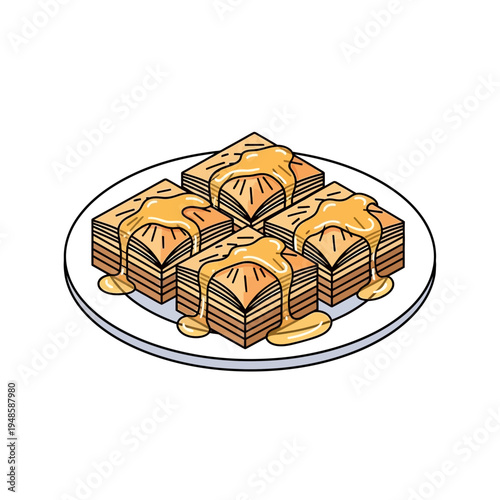 A detailed image of four pieces of baklava drizzled with golden syrup on a white plate.