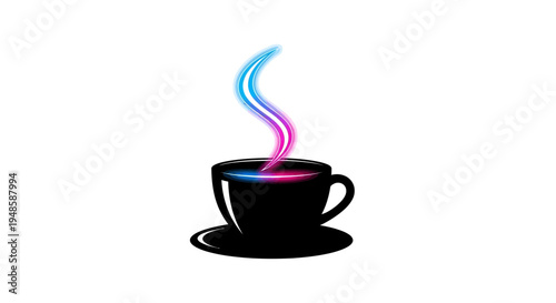 Steaming Coffee Cup with Neon Pink and Blue Vapor
