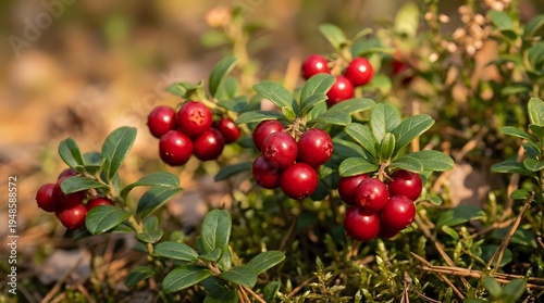 Fresh red cranberries growing on low bush with green leaves in natural bog environment during autumn harvest season for organic food production.