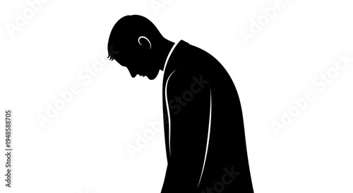 Silhouette of a Sad Man in a Suit Bowing Head Down in Despair