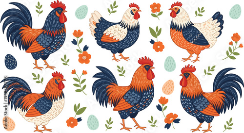 Flat vector illustration set of colorful roosters and hens with floral elements and eggs in folk art style isolated on white background for farmhouse decor.