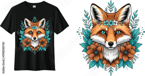 Intricate fox head vector illustration with floral ornaments and teal leaves for t-shirt design, artistic animal mascot, and streetwear graphic isolated on white background.