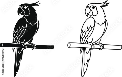 Cockatoo Parrot Silhouette And Line Art Icon Set Vector