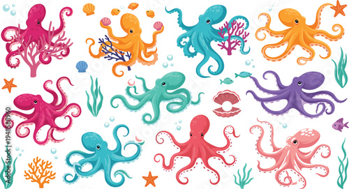 Flat vector illustration set of cute octopus characters with coral reefs seashells and starfish in various colors isolated on white background for marine underwater design.
