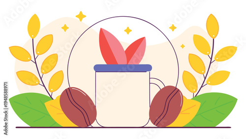 A vector illustration of a cream mug with pink leaves inside surrounded by yellow branches and brown coffee beans against a circular background with stars.