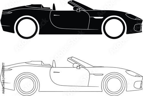 Convertible sports car silhouette and line art set side view isolated on white background vector for luxury automotive design
