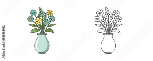 Flowers in vase illustration in flat cartoon and linear styles blue and yellow colors floral botanical element for home decor and interior design on white background