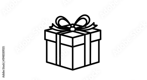 Gift Box Icon, Present Box with Ribbon Bow, Minimalist Line Art, Celebration Symbol