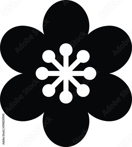 Floral blossom silhouette icon with six petals and detailed central stamen isolated on white background vector illustration for spring garden nature or flower shop logo design