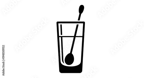 Glass of water with spoon, simple icon, black and white, isolated on white background