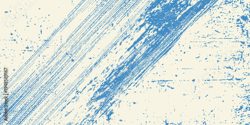 Grunge grainy blue brush stroke with spray texture. Hand drawn distress damaged vintage banner with zigzag bold line. Rough thick brush stroke texture. Spray paint effect vector background.
