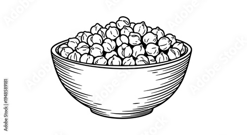 Hand-drawn illustration of a bowl of chickpeas, healthy legumes, isolated on white background.