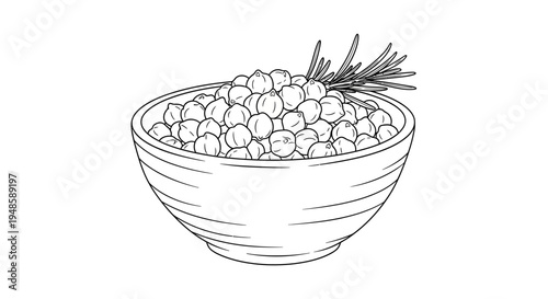 Hand-drawn illustration of chickpeas in a bowl with rosemary sprig, black and white sketch.