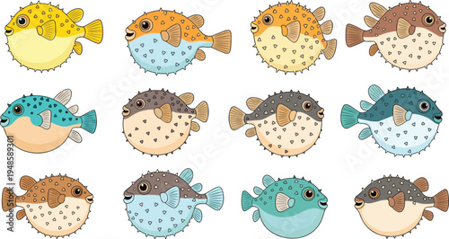 Flat vector illustration set of colorful pufferfish with spikes in various colors including yellow, orange, and blue isolated on white background for marine design.