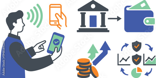 A comprehensive illustration of mobile banking, secure digital payments, financial growth, and data analysis.