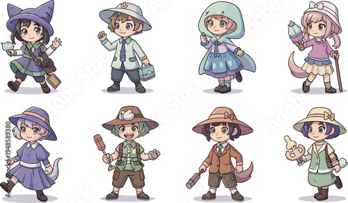 Collection of cute kawaii chibi character vector illustrations featuring young explorers and wizards in colorful outfits and hats isolated on white background.
