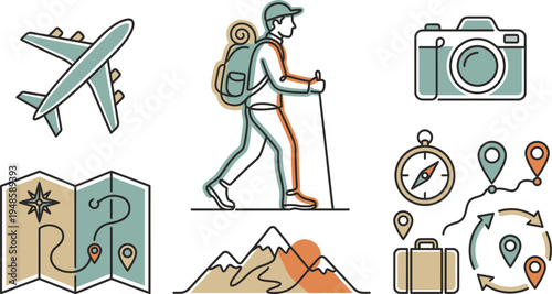Outline style vector illustrations for diverse travel, tourism, adventure, hiking, and vacation planning concepts.