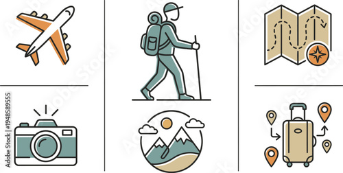 Essential travel icons illustrating airplane flight hiking map luggage camera and mountain scenery