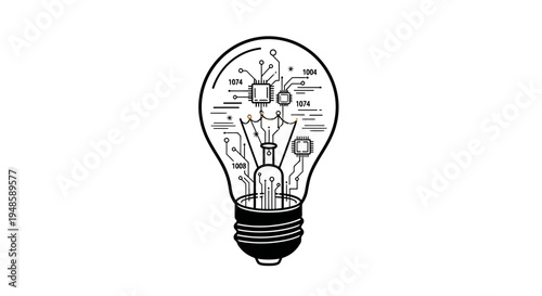 Lightbulb with integrated circuit and dates, symbolizing technological innovation and ideas