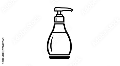 Line art icon of a liquid soap dispenser bottle with pump, isolated on white background.