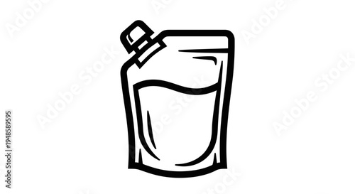 Liquid pouch with spout, flexible packaging, modern container for drinks or sauces, black and white icon