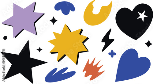 A set of hand-drawn paper cutout elements including stars and hearts in shades of purple and yellow displayed on a solid black background.