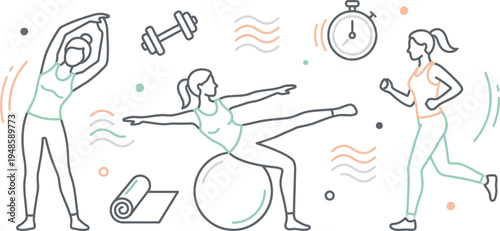 Active women performing diverse fitness exercises, showcasing a healthy lifestyle, sports, and overall well-being.