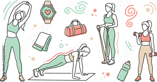 Collection of line art illustrations depicting women performing various exercises with workout accessories