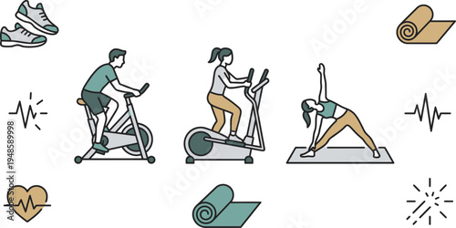 Diverse people engaging in cardio workouts, yoga, and fitness activities with health symbols displayed.