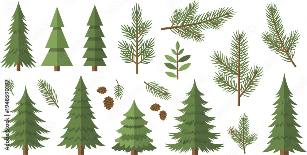 Obraz premium Vector set of evergreen pine trees and spruce branches with pinecones for winter holiday decor forest nature designs and mountain adventure graphics.