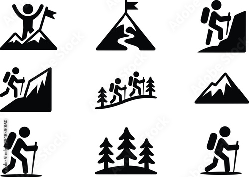 Large collection of hiking and mountaineering icons featuring hikers with backpacks climbing mountains and forest trails isolated on white background vector